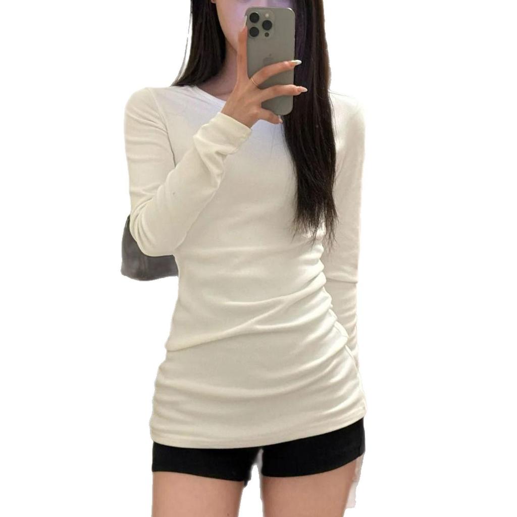 Women's White Mid-Length Long-Sleeve Slim-Fit Cotton Base Layer T-shirt, 2025 New Autumn/Winter Style