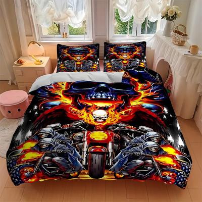 3pcs Ghost Rider Motorcycle Skull Decorative Bedding Set - Includes One Quilt Cover and Two Pillowcases (No Core) - Anime Cartoon Design for Bedroom a