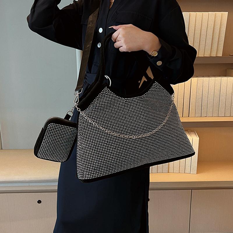 Yogodlns New Shiny Rhinestone Women's Large Capacity Shopping Totes Fashion Dinner Underarm Shoulder Bag Commuter Handbag