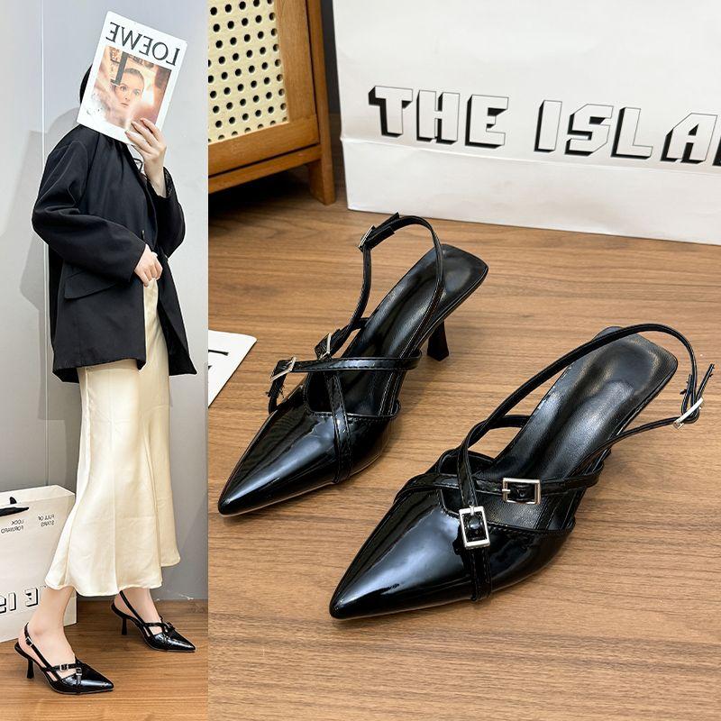 

Женские сандалии с острым носком и ремешком с пряжкой, однотонные, неглубокие, модные, сексуальные, для вечеринок, слингбэки, лето 2025, туфли на высоком каблуке, женские 42