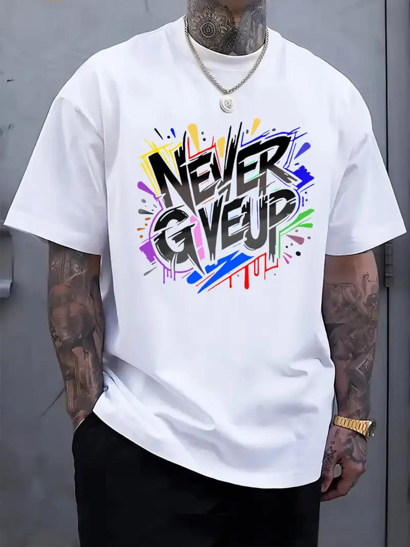 Adult Summer 100 NEVER GIVE UP Graffiti Print Tshirt Street Trend Casual Shortsleeved Outdoor Comfortable Soft Breathable 3XL