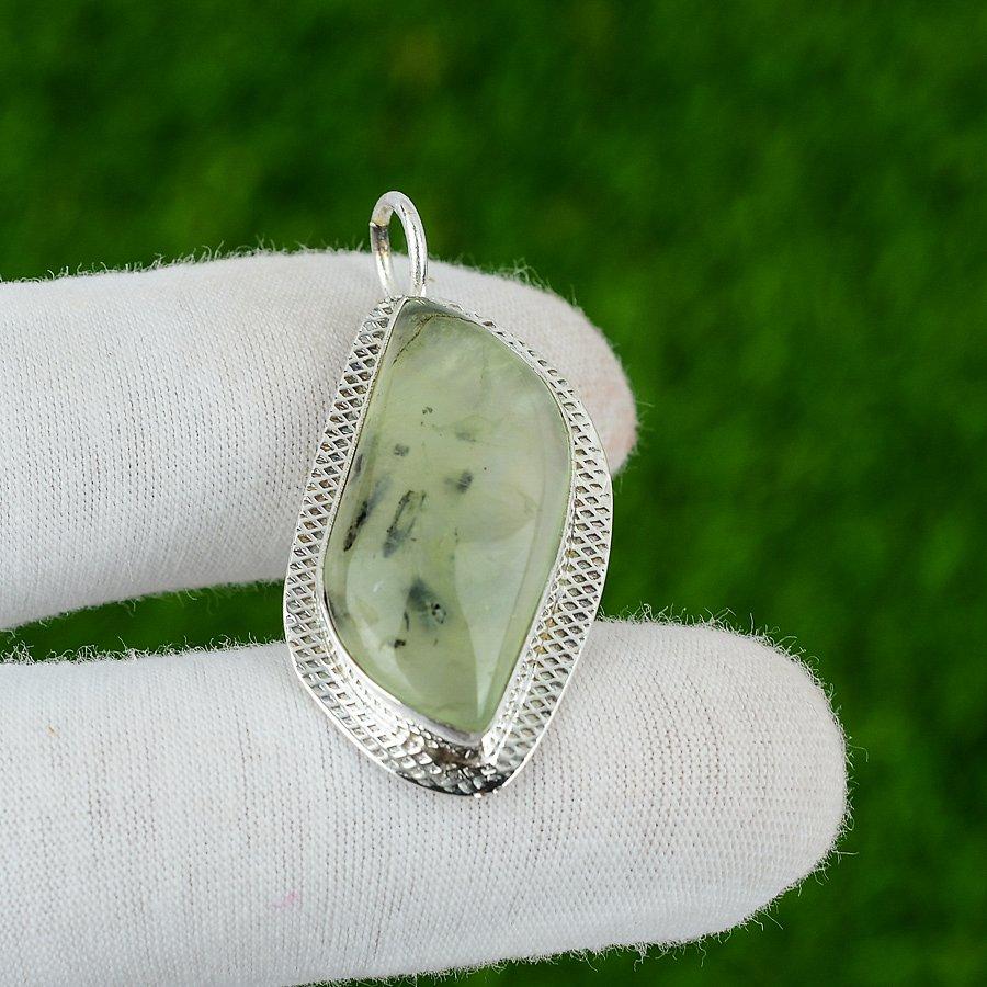 925 Silver Marquise Moss Prehnite Gemstone Bezel Daughter Trendy Pendant Jewelry