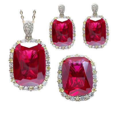 Collana Pendente Temperamento Lussuoso Rosso Sangue di Piccione, Set Tesoro di Colore Femminile, Anello Corindone Rosso, Orecchini Diamante Rosso, Femminile