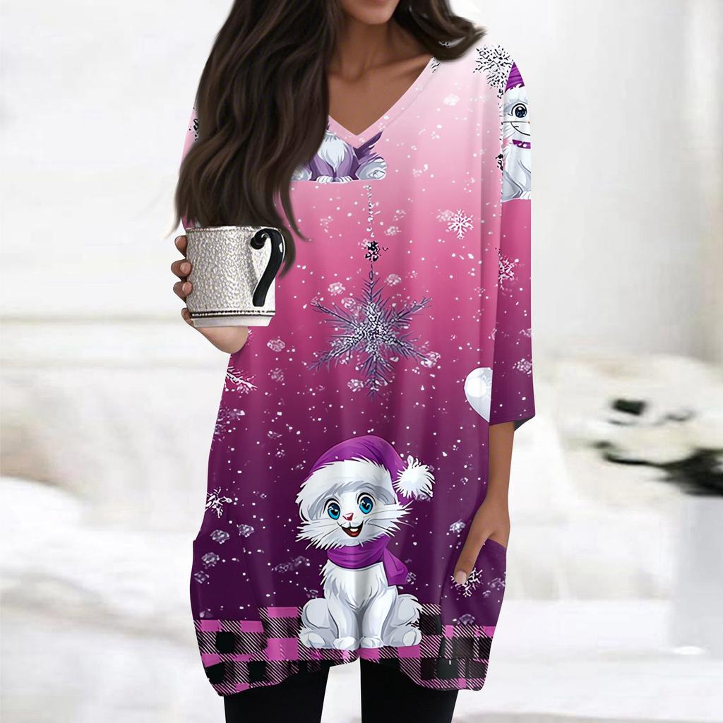 Damebluser med V-hals og 3/4-ermer, avslappede mellomlange skjorter, moteriktige tunikatopper med juleprint og lommer