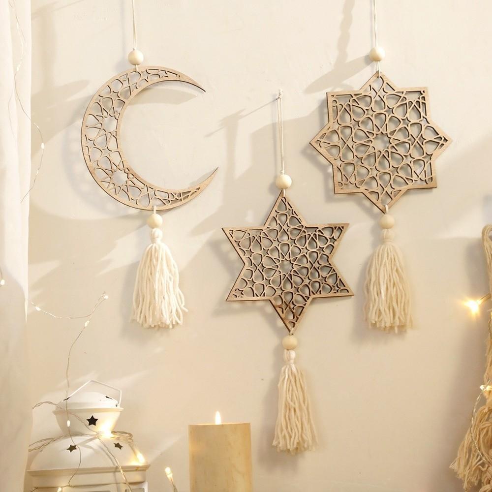 Handmade Moon Star Hollow Mesh Wall Decor Wooden Handicraft Pendant  Ramadan Celebration