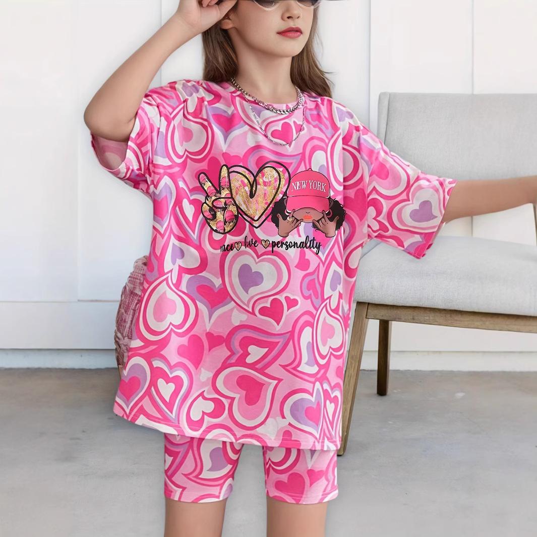 

Girls Heartfelt Print Short-Sleeved T-Shirt Set - Summer Children s Casual Set 9-10Y рожевий червоний колір