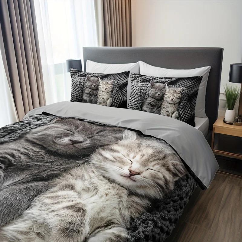 3Pcs Cat Animal Duvet Cover Set 3D Cute Pet Cat Hd Printing Bedding For Home Dorm