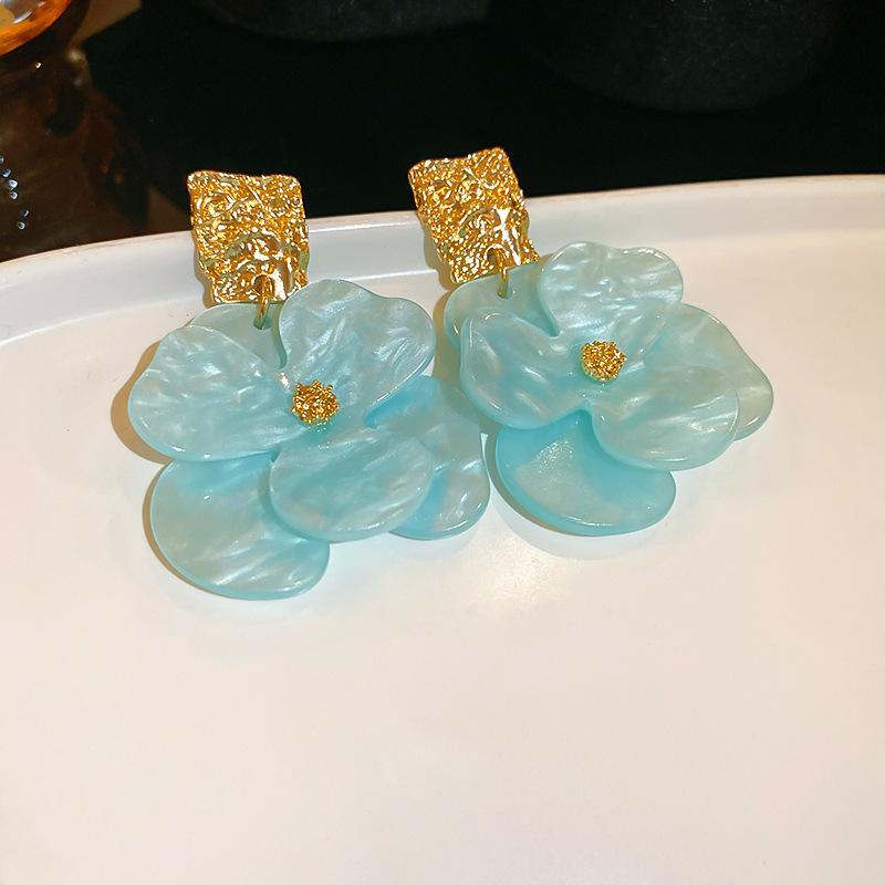 New blue flower fringed earrings, fresh niche design studs, women's summer vacation earrings