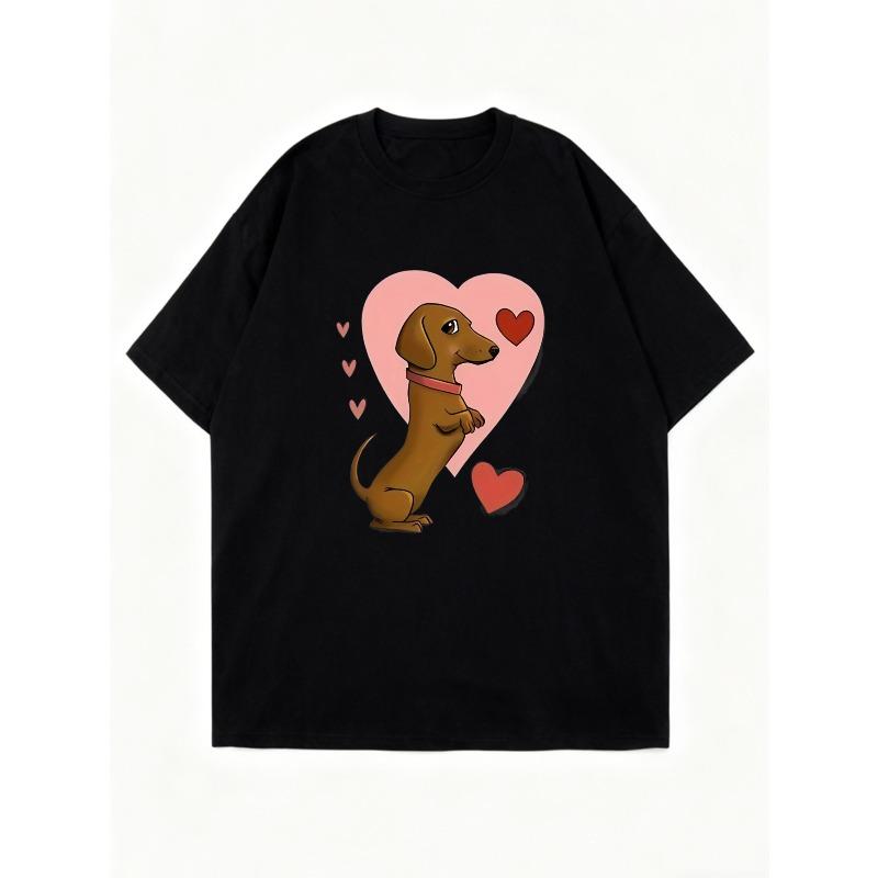 Oversized T Shirt Black Dachshund Dog With Heart Pattern For Casual Wear