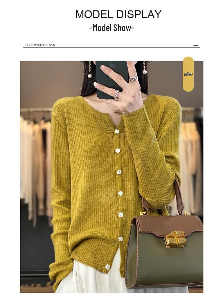 Women's Worsted Wool Cardigan: V-Neck, Lightweight, Loose Fit, Long-Sleeved, Sun-Proof, Spring/Summer Knit Sweater Jacket.