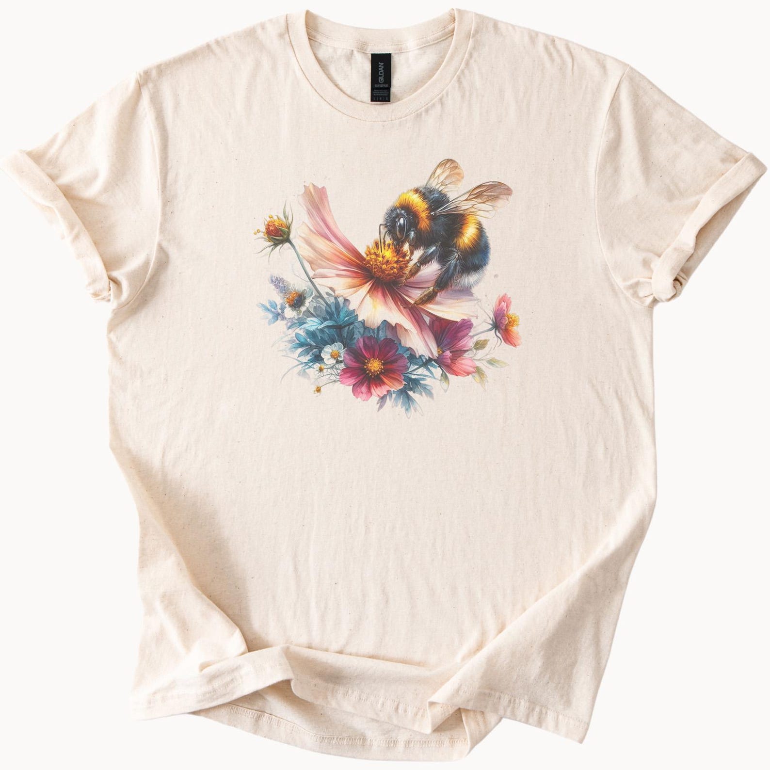 Bee on Wildflowers Graphic T Shirt Nature Floral Garden Bumblebee Art Soft Cream Shirt Flower Lover Gift Botanical Tee Summer Outfit 150