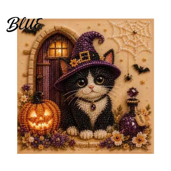 DIY Cat Craft for Adults Halloween Faux Pearl Painting Art Kit Spooky 3D Beads Moonlight Theme Crafts Cute Witch Gem Wall Adults Lovers Beginner