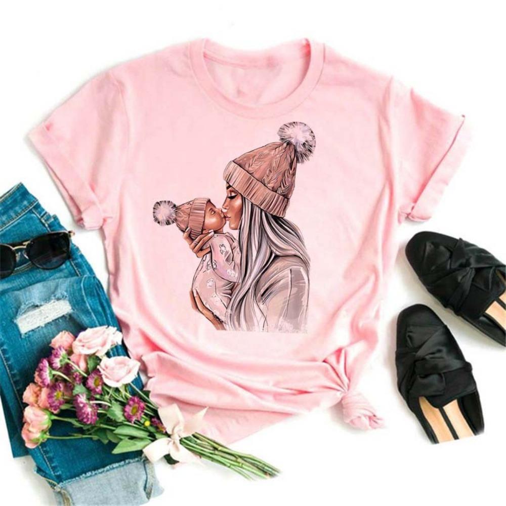 Maycaur Women T Shirt Cartoon Mom with Sons Shirt Fashion Print Casual Woman Tee Ladies Female T-shirt Short Sleeve T Top Shirt