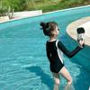 2025 Color Block Girls' Long Sleeve One-Piece Swimsuit, Black, Sizes S-L, with Zipper