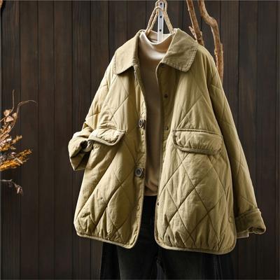 Women Vintage Turn-down Collar Solid Color Winter Coats Long Sleeve Button Warm Coats