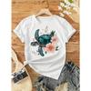 European Size Women's Vintage Floral Turtle & Peach Blossom Print Short Sleeve T-Shirt - Soft Stretch Round Neck   for Spring Summer Fall