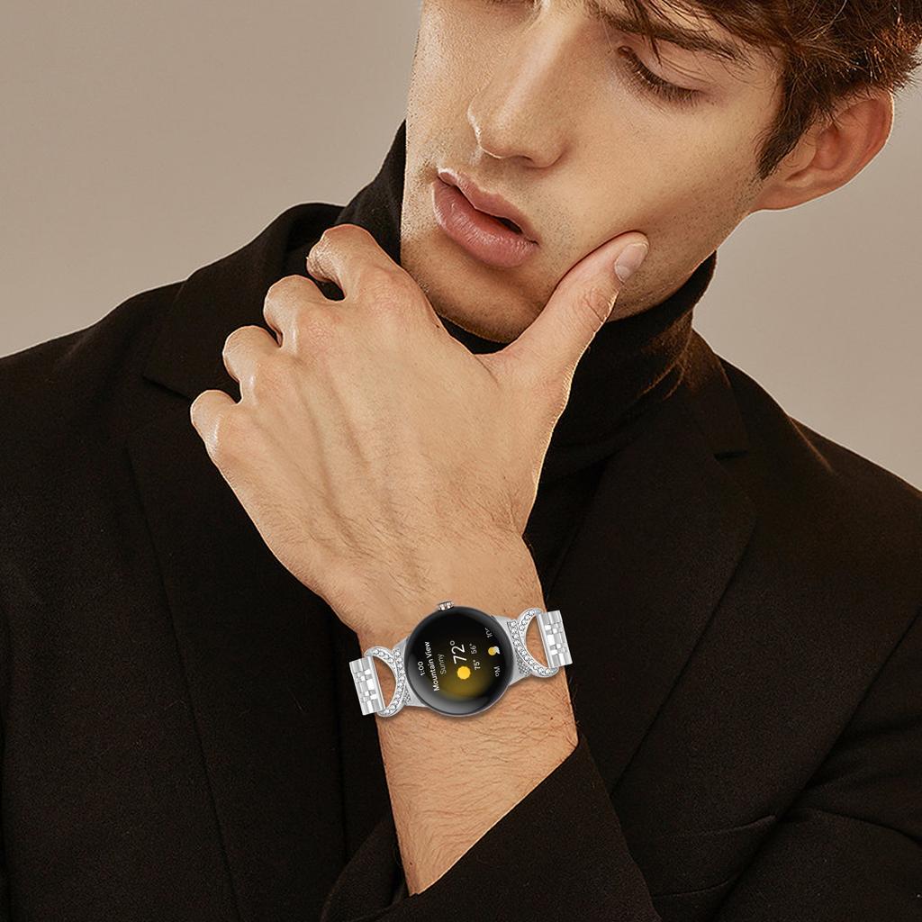 Watch Band for Google Pixel Watch 3 41mm/Watch 2/Watch Seven Bead Stainless Steel Strap with Rhinestone Ox Horn Style Connector
