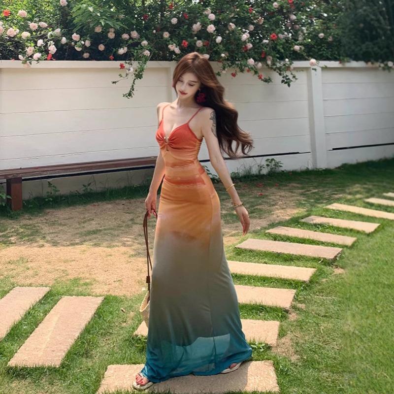 Spice Girls Sexy Mesh Print Suspender Dress Women's Beach Vacation Gradual Change Color Hollow Floor Dress