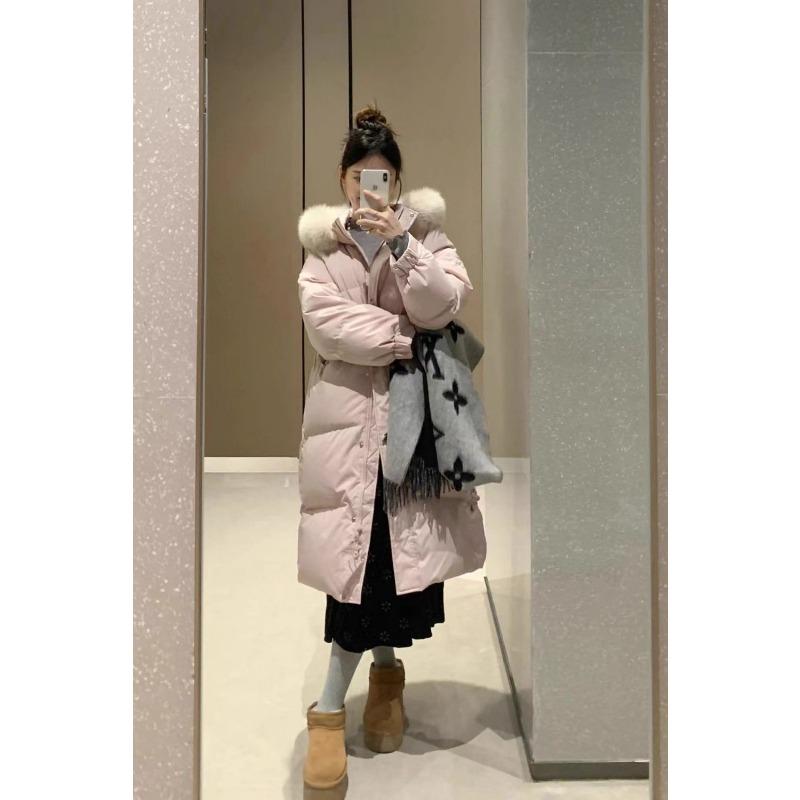 Women Over Knee Thick Warm Padded Cotton Winter Coat With Big Fur Collar