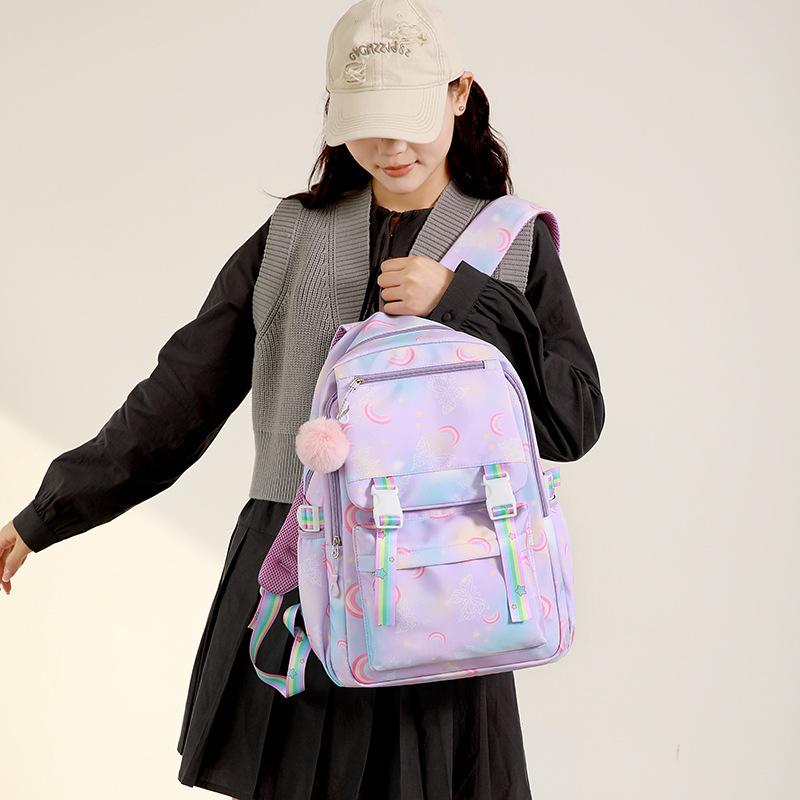 Kawaii Farbverlauf Sternenmuster Rucksack für Mädchen Schultasche mit Plüsch-Bommel Teenager Schüler Lässiger Tagesrucksack Reise Rucksack