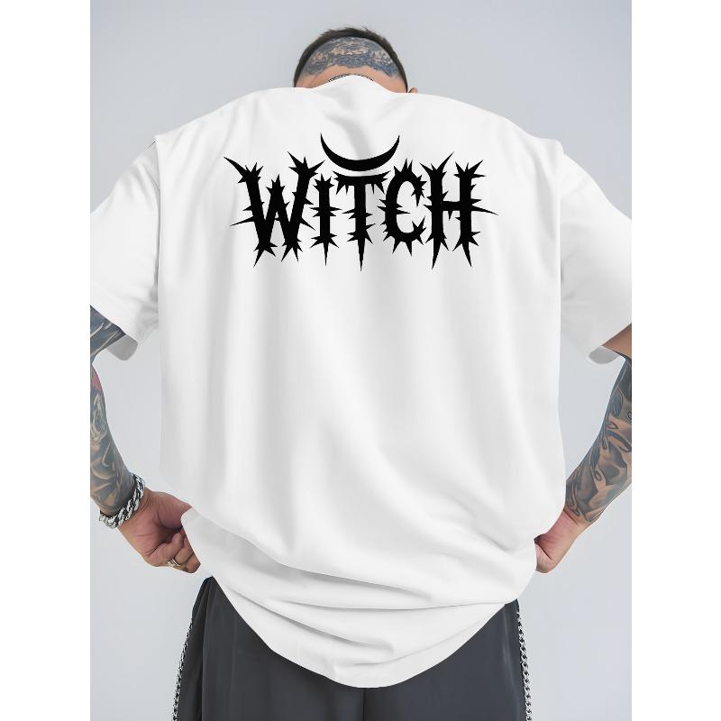 European Size Men'S Witch Graphic T-Shirt - Bright Yellow with Black Gothic Lettering - Loose-Fitting Breathable Summer Tee, Perfect for Halloween