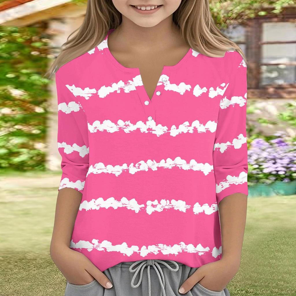 Print Tops For Youth Girls V Neck Button 3/4 Sleeves T-Shirts Trendy Tops Outfit Tees