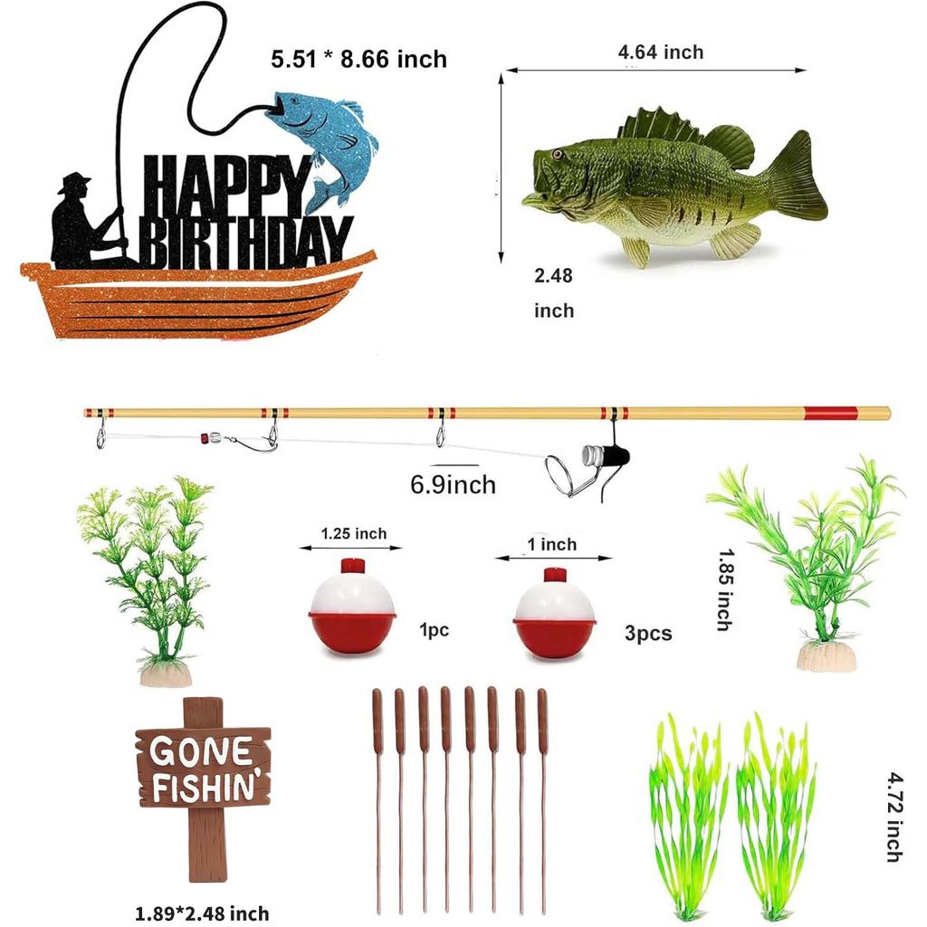 Rybářský Topper na dort 20ks Gone Fishing Topper na dort s basou a rákosím pro rybářskou tématickou dekoraci a potřeby pro důchodovou oslavu