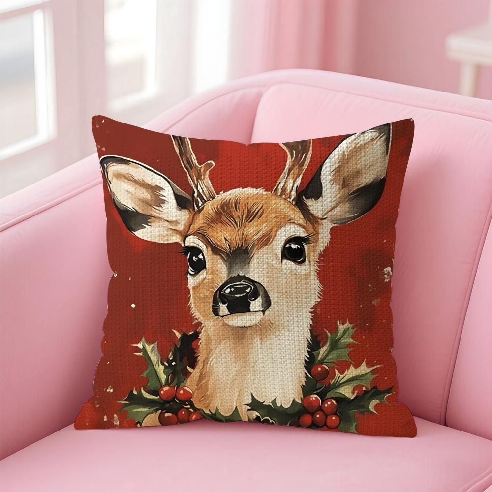 Reindeer Christmas Cute Cushion Cover Natural Linen Pillow Case DoubleSided Print Decorative Sofa Pillowcase Home Decor Gift