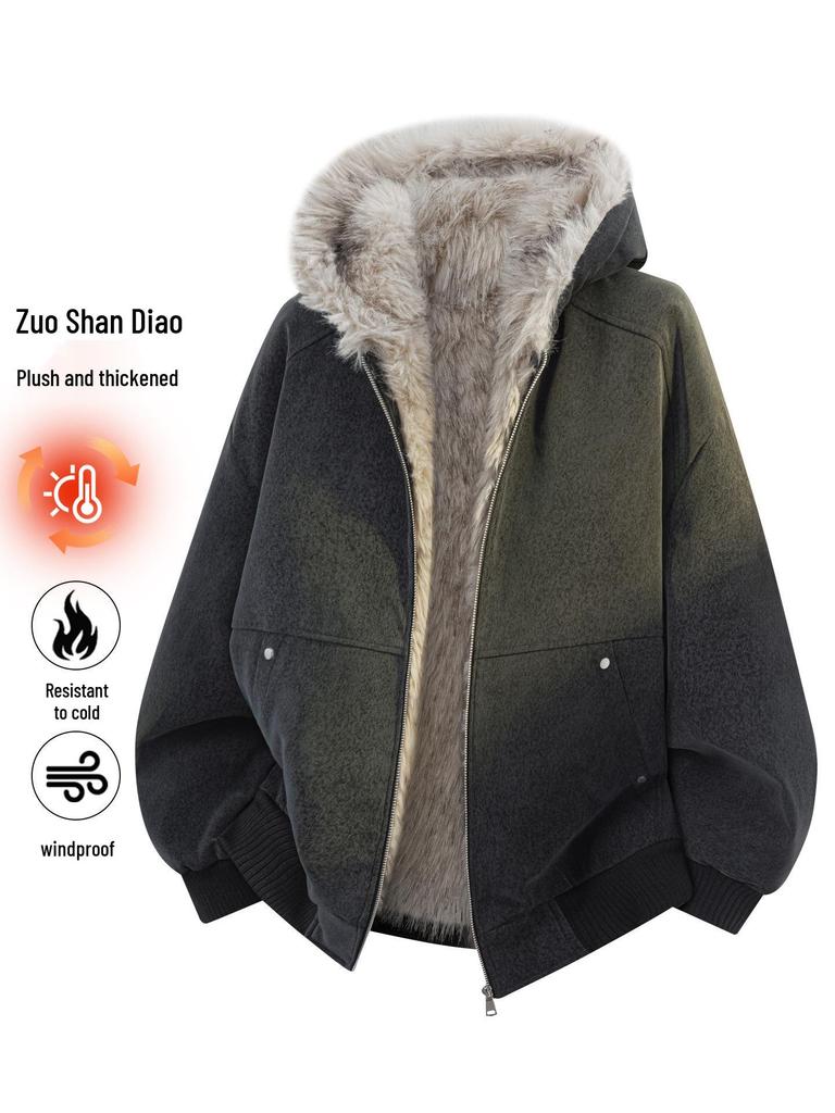 Unisex American Style Mountain Eagle Fur Collar Hooded Winter Coat - Thick Velvet Lined for Warmth and Cold Protection