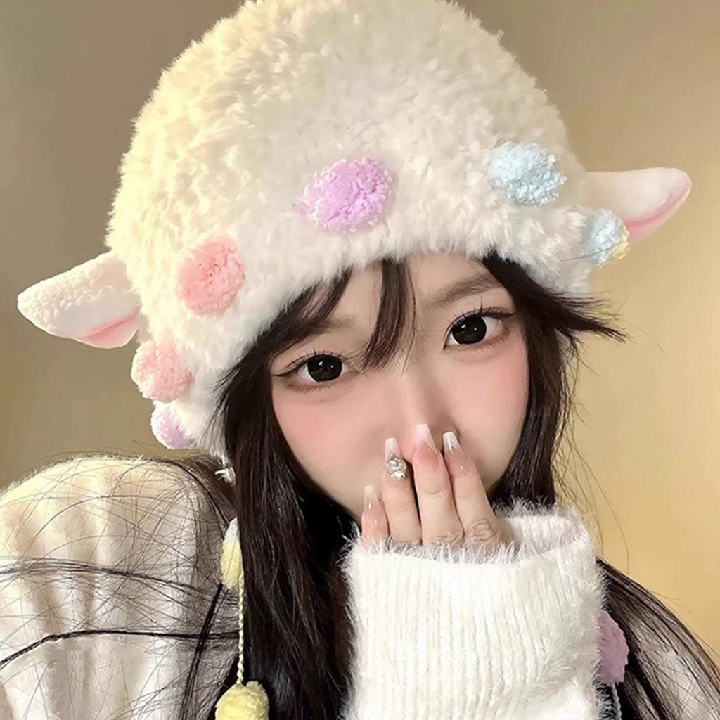 Rainbow Rope Lamb Ear Plush Hat for Women Winter Warm Hat Daily Use Pullover Hat Popular Trapper Hat for Snowboarding