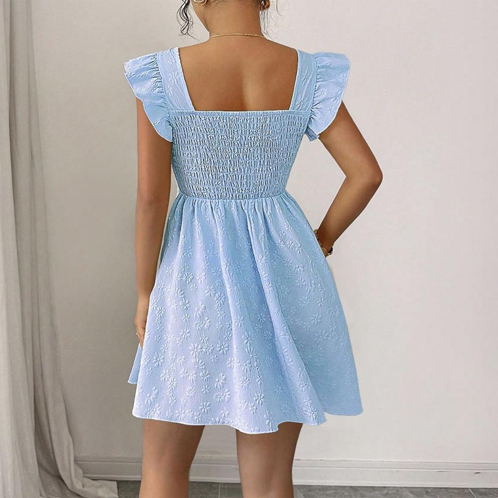 Women's Fashionable Color Square Collar Pullover Fresh Sweet Short Skirt With Waist Cinched A-line Dress