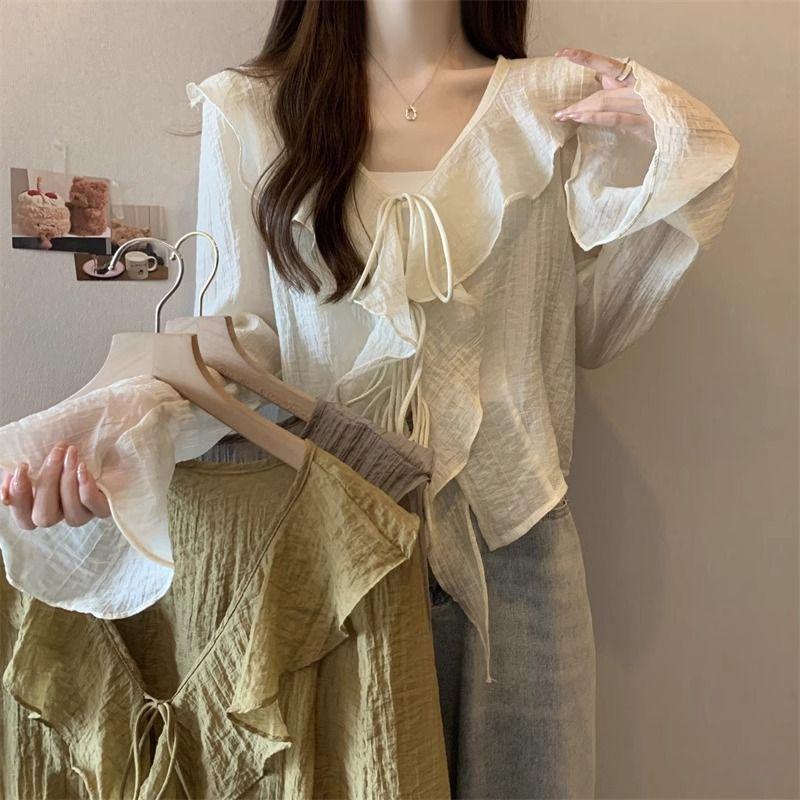 French Designer Niche Chiffon Blouse Women's V-Neck Long Sleeve Sun-Protective Cardigan Ruffled Top Summer Thin Style