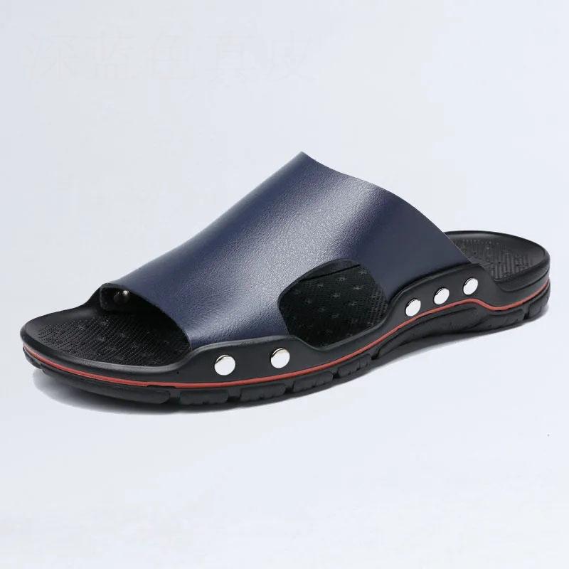 

Мужские кожаные тапочки из искусственной мягкой кожи на плоской подошве в стиле пэчворк Цветные повседневные удобные простые летние новые модные 38 темно-синий