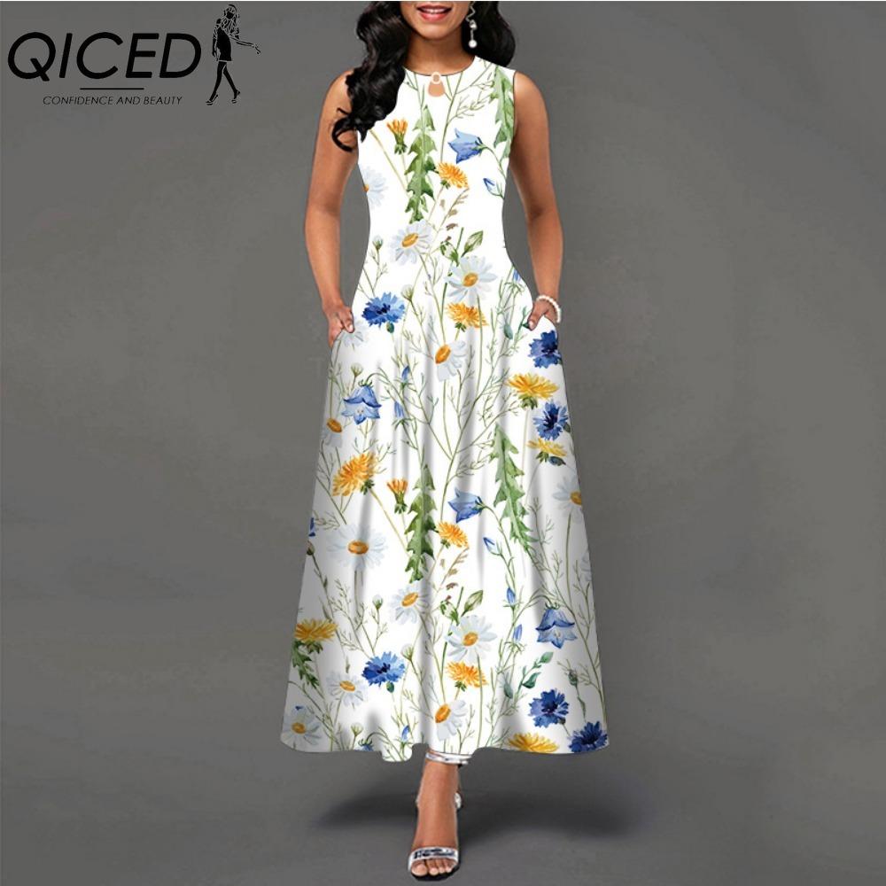 QICED 48 barev Nové dámské volné vintage květinové volánové šaty Befree šaty Velká letní párty Tílka Elegantní maxi šaty