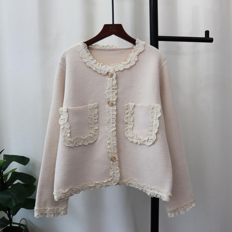 Splicing lace knitted double-sided woolen cardigan autumn and winter new loose temperament sweater jacket women