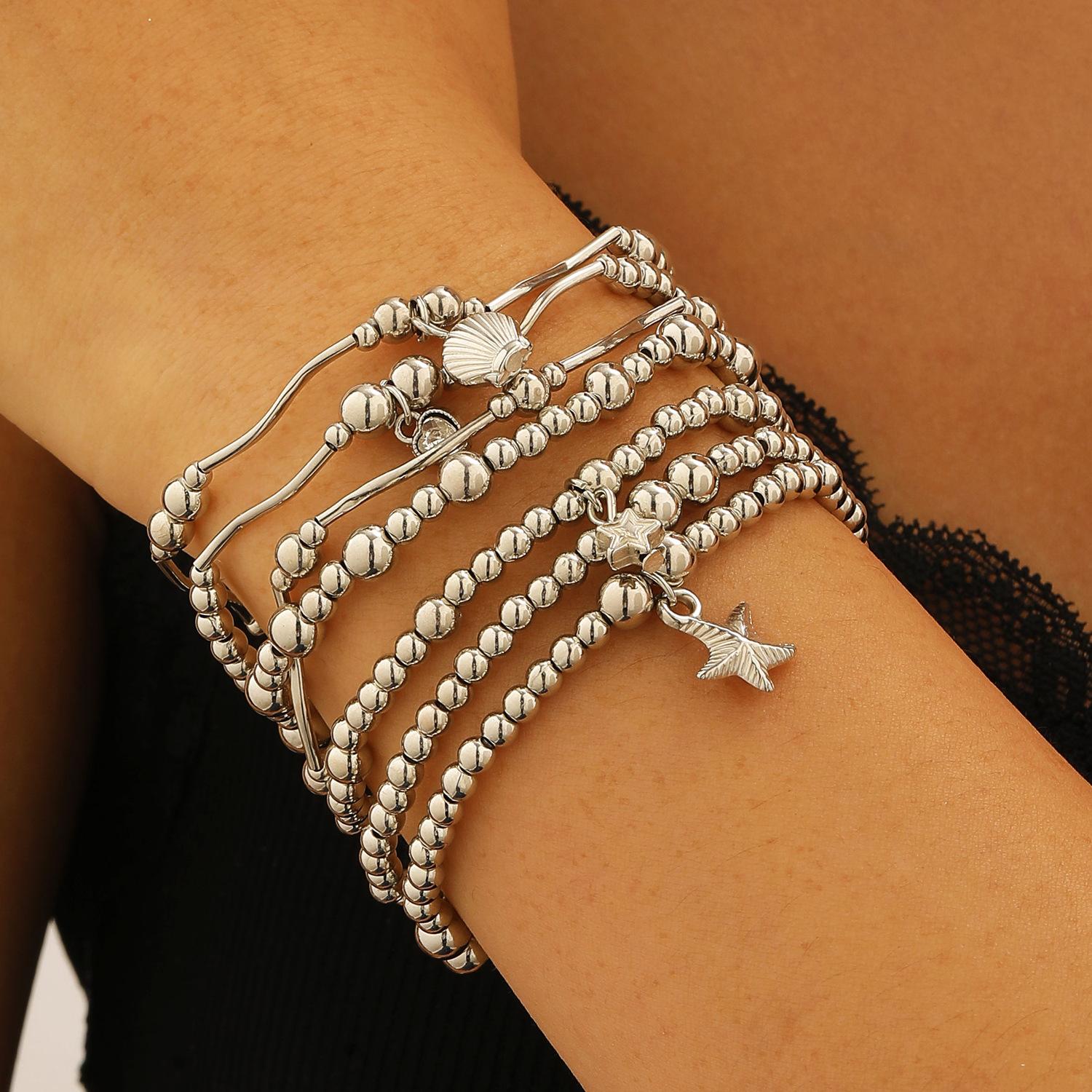 7Pcs Set Bohemian Ocean Starfish Shell Charm Silver Tone CCB Electroplated Elastic Beaded Stackable Bangles for Women Jewelry