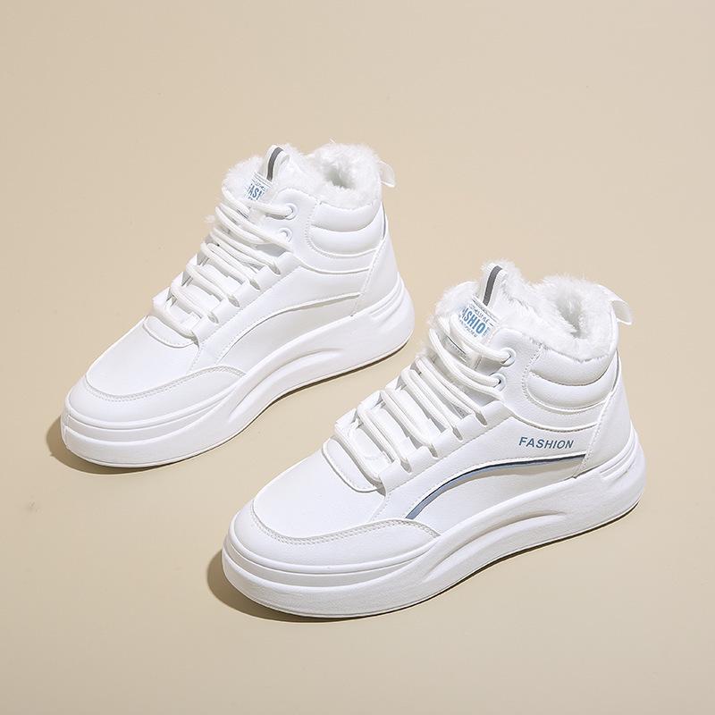 Ins Plush Velvet High-Top White Women's Sneakers - Korean Style, Warm, Versatile, Casual, Winter 2025 (Model: SH889)