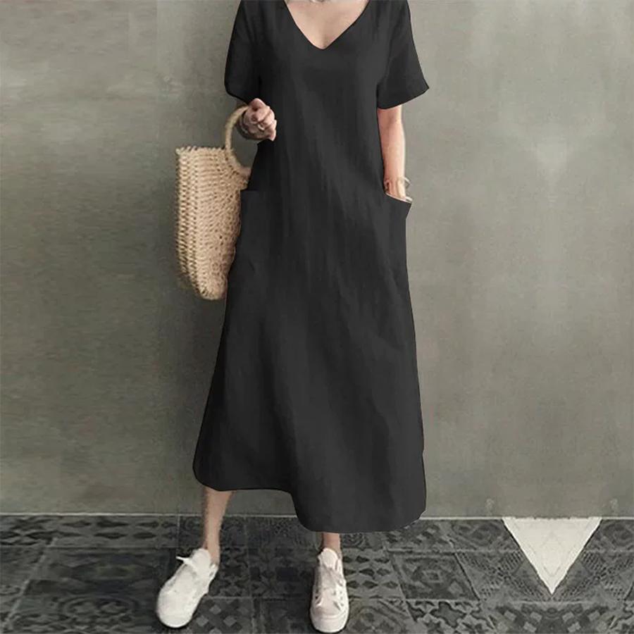 Creative Style Summer Bohemian Chinese Style Retro Women's Cotton Linen V-Neck Loose A-Line Dress