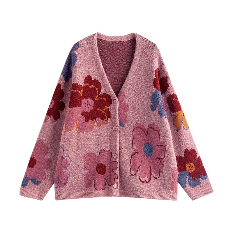 Chuyu Women's V-Neck Jacquard Floral Knit Cardigan