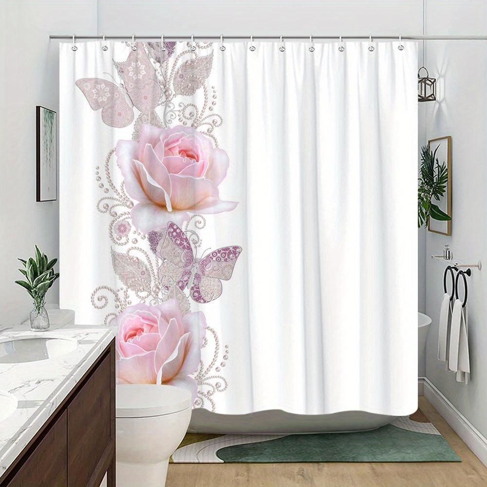 Floral Curtain - Pink Roses & Butterflies, Watercolor Design, White Polyester, 70In, 12 Hooks, Elegant Bath