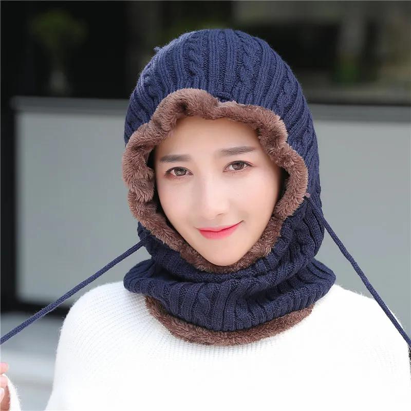 WTEMPO Autumn Winter Knitted Pullover Hats Women Large Solid Color Ear Protection Outdoor Cycling Windproof Scarf Hats