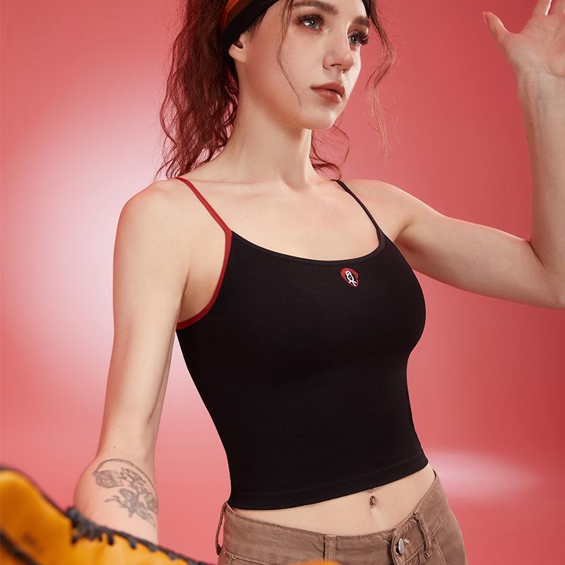Spring New Women's Yoga Clothes Top Shoulder Strap Contrast Color Fixed Chest Pad Deep U Fashion Sling Breathable Fitness Sports Vest
