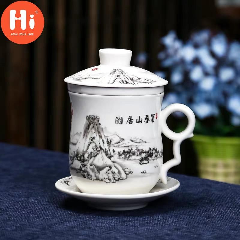 Hi Blue and White Porcelain Office Teacups with Lid Filter Creative Ceramic Hand-Painted Water Cups Household Drinkware Gifts