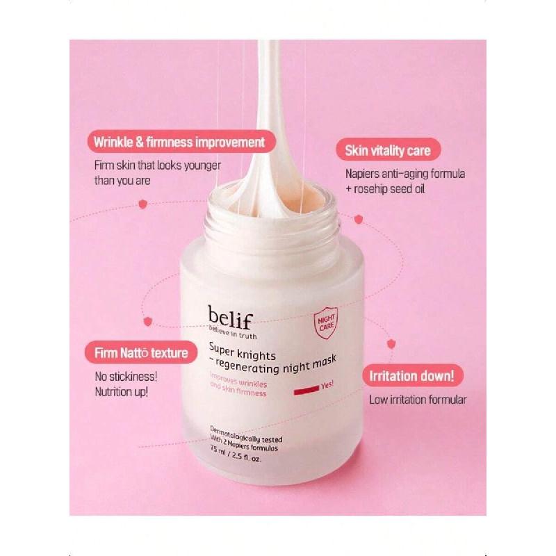 Belif Super Knights Mască de Noapte Regeneratoare 75ml, Îngrijire Riduri Fermitate K-Beauty, Hidratare Profundă, Anti-Îmbătrânire