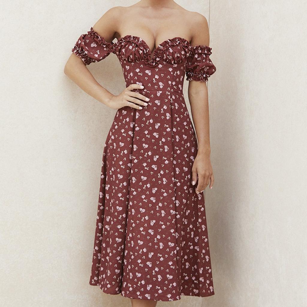 Summer Women's Off-shoulder Strapless Split Floral Short Sleeve Vacation Dress, European American Style Casual Holiday Dress for Women