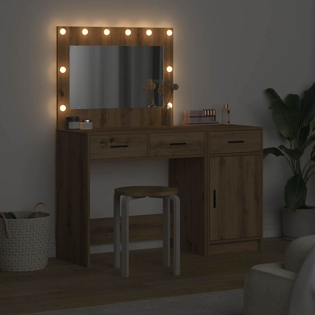 Makeup Table with Mirror Lighting (2 pcs) Brown Particleboard