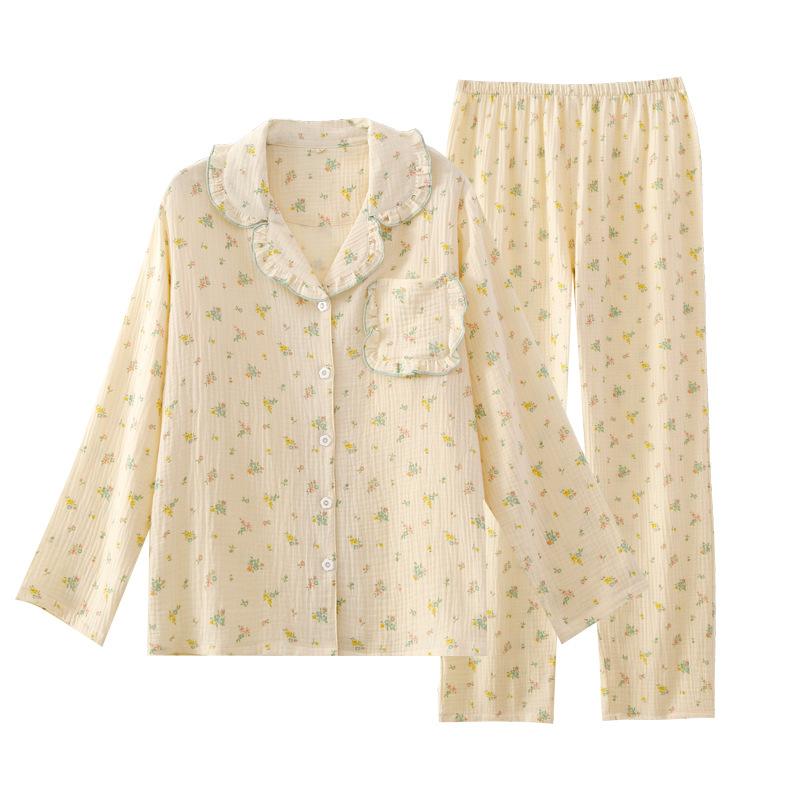Pure Cotton Pajamas Women's Small Fresh Fungus Lapel Long Set, Spring and Autumn Printed Loungewear Set Can Be Worn Loosely