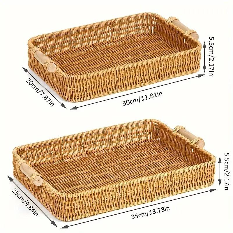 Multi-Use Pp Woven Storage Basket With Wooden Handle Modern Rectangular Shallow Bin For Living Room Bedroom Kitchen Hotel Servic
