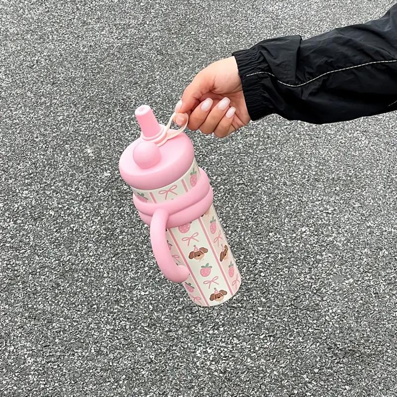 Cute Vacuum Thermos Bottle Double Wall Insulated Straw Tumbler Leakproof Tumbler with Handle Thermos for Car Camping Drinkware