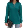 Solid Color V Neck Button Decor Loose Long Sleeve Casual T Shirt Top